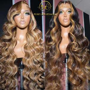 30 40 pulgadas 4/27 Highlight color Ombre Rubio Onda del cuerpo Peluca Cabello humano Brasileño 13x6 HD Peluca frontal de encaje transparente - Product Image 1