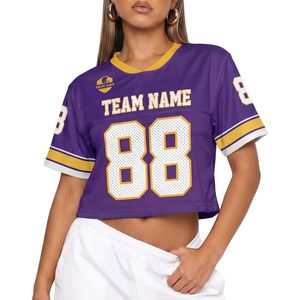 Camiseta de fútbol personalizada para mujer, personalizada con nombre y número, estilo streetwear, cuello redondo, morado, dorado, 88 - Product Image 1