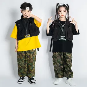 Kids Showing Hip Hop Clothing Black Cargo Vest Top Camo Casual Cargo Pants for Girls Boy Jazz Dance Costumes Teen Street Clothes