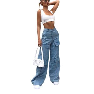 Jeans pour femmes à taille haute, en denim, coupe droite, multi-poches, décontractés - Product Image 3