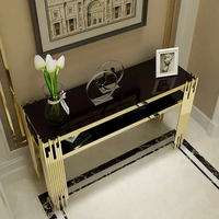 Table console rectangulaire moderne avec base en acier inoxydable doré et plateau en verre pour salon, salle à manger, entrée, hôtel, hall, bureau