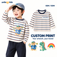 T-shirt à manches longues rayé avec imprimé ours personnalisé pour enfants, haut pour tout-petits garçons et filles, fournisseur de vêtements en gros OEM ODM