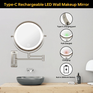Miroir de maquillage rond mural DB de 8 pouces, grossissement 1x 10x, double face avec lumière LED, variateur d'intensité tactile - Product Image 5