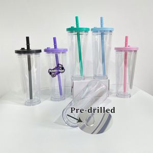 24 Oz Reusable Double Wall <b>Plastic</b> Boba <b>Cups</b> Tumbler Pre-Drilled Bubble Tea <b>Cup</b> With Lids and Straws - Product Image 1