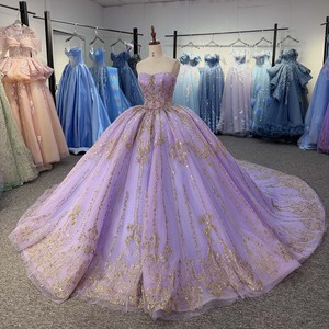 ชุดราตรีงาน Quinceanera แบบยาวลากพื้นประดับเลื่อมลูกปัดคริสตัลตกแต่งด้วยผ้าปักลายฉลุ  ทรงเอ็มไพร์  พร้อมชายกระโปรงยาวแบบ Chapel Train รุ่น 6999 Bling Strapless - Product Image 3