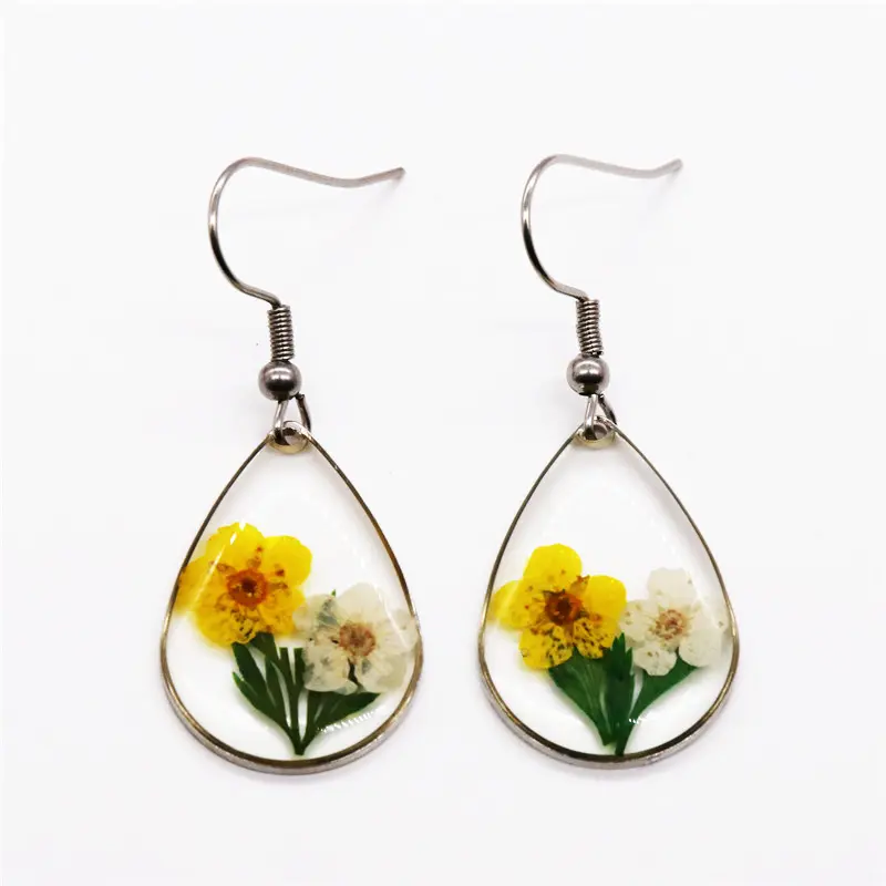 Дешевые настоящие цветы маленький Нарцисс геометрический каплевидный лист модные серебряные серьги из смолы оптом