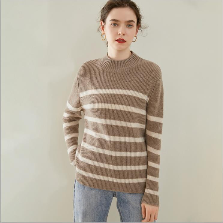 秋冬白色条纹毛衣女毛线粗质宽松针织半高领打底毛衣