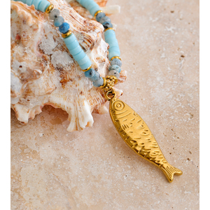 JINYOU 5343 Collar de Moda Otoñal con Cuentas de Piedra Natural Azul, Collar con Colgante en Forma de Pez Chapado en Oro sobre Acero Inoxidable - Product Image 3