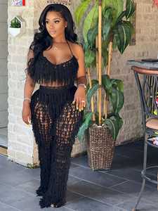 <span class=keywords><strong>2022</strong></span> été moulante voir à travers le tricot gland haut court et pantalon deux pièces ensemble de vêtements femmes - Product Image 5