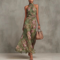 Nouvelle Robe Longue Imprimée Florale à Col Halter pour l'Été 2026, Idéale pour les Vacances et les Voyages, avec Taille Cintrée Amincissante pour Femme
