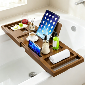 Plateau de bain naturel personnalisé avec logo, OEM, extensible, pour baignoire, avec porte-gobelet, fente pour serviette, tiroir de rangement, fourniture en gros pour salle de bain - Product Image 1