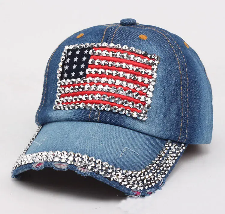 Großhandel Mode Diamond Denim Beach Hat USA Flagge Hüte Baseball Hüte Frauen Outdoor Sport Golf Caps
