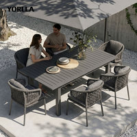 Ensemble de salle à manger d'extérieur en corde tressée de luxe OEM&ODM, cadre en aluminium, fauteuils et tables de terrasse