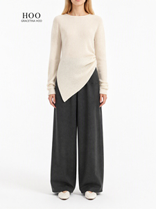 Pull en <span class=keywords><strong>laine</strong></span> texturé à col asymétrique de style coréen pour femme, couleur unie, style décontracté, automne - Product Image 3