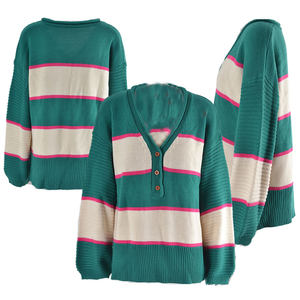 Tricoté Goutte Épaule Top Côté Fente <span class=keywords><strong>Pull</strong></span> En Tricot Bloc De Couleur Boutonné Col En V Côtelé Rayé <span class=keywords><strong>Pull</strong></span> Femmes - Product Image 6