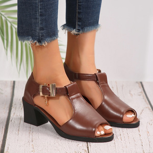 Women's Open Toe Fish Mouth Roman Sandals Mid Thick <b>Heel</b> Breathable Hollow Summer Casual Fashion <b>Heels</b> - Product Image 3