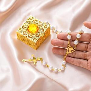 Collier croix imitation perle pour femme, longue chaîne de pull avec coffret cadeau, vente en gros - Product Image 3