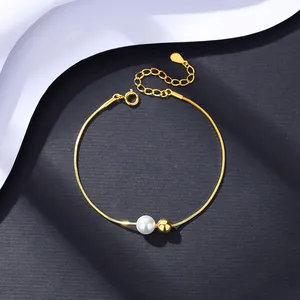 CZCITY Beaded Gold Pearl Korean Girl Plated Jewelry Adjustable Silver Trendy 925 Snake Chain Bracelet