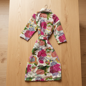 Floral Printed Cotton Velvet <b>Kimono</b> Robe With Full Sleeves And Matching Belt For <b>Women</b> Lounge And Home Wear - Product Image 5