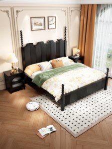 Vintage Black Solid Wood King Size Bed Frame, American Retro Queen Bed with Vertical Texture & Carved Details, Luxury Bedroom - Product Image 3