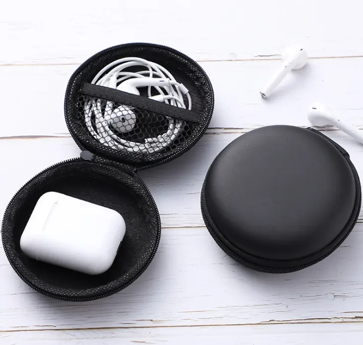 Custom Logo Mini Round Earphone Pouch Storage PU Leather Eva Zipper Earbud Case for Airpods Earpods Pro