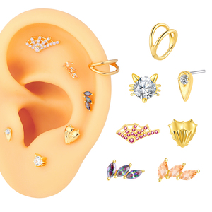Métal éternel 14K or massif demi-pavé 5A CZ creux coeur charnière Segment anneau <span class=keywords><strong>nez</strong></span> et boucle d'oreille conque piercing bijoux - Product Image 4