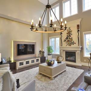 Lustre rustique de style farmhouse à 10 lumières, en métal noir et bois, luminaire suspendu rond pour salle à manger, cuisine, E26 - Product Image 6