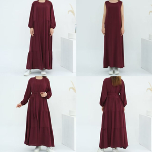 Ensemble Abaya 2 pièces en crêpe de qualité supérieure avec robe intérieure et ceinture vente en gros de vêtements islamiques pour le ramadan musulman Eid Abaya turque simple - Product Image 4