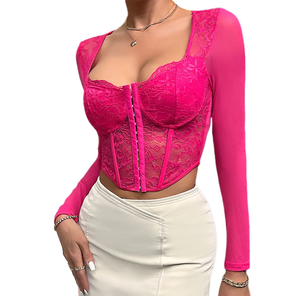 Custom supplier ladies fashion sexy embroider bustier top for women long sleeve corset top