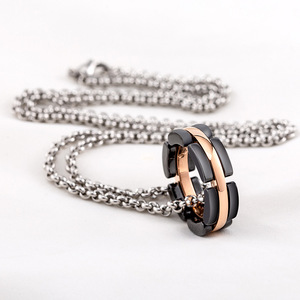 <b>Titanium</b> Steel Geometric Pendant Rose Gold Black Ceramic <b>Ring</b> Necklace For Men Women Fashion Jewelry - Product Image 1
