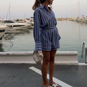 Nuevo Conjunto de Dos Piezas de Lino de Alta Calidad, Camisa Casual con Cuello Camisero y Pantalones Cortos de Cintura Elástica con Rayas para Mujer - Product Image 2