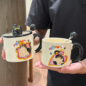 <b>Cute</b> Cat Themed Ceramic <b>Mug</b> With Lid Spoon And Handle Cartoon Design For Gift 2025 New Creative Couple Water Cup - Product Image 1