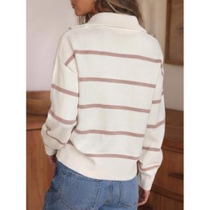 Suéter de punto a rayas con cremallera de un cuarto para mujer, oversize, de manga larga, estilo jersey, con bloques de color, cuello alto y media cremallera, moda de otoño - Product Image 4