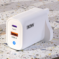 Chargeur de téléphone portable à charge rapide USB Type C 30W avec prise EU US UK, lumière pilote bleue, adaptateur secteur USB à charge rapide A+C