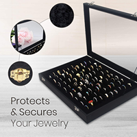 Boîtier de bijoux multifonction noir porte-anneau vitrine bijoux stockage anneau présentoir avec couvercle transparent