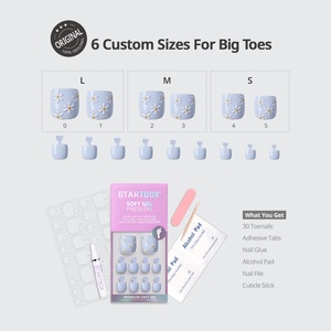 Faux ongles de pieds carrés courts printemps-été, en gel souple, bleus, magnifiques motifs floraux 3D, à presser, 30 pièces, vente en gros - Product Image 2