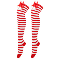 Chaussettes tricotées respirantes rayées rouge et vert pour femme, longues jusqu'au genou, avec nœud et pompon, pour l'hiver et Noël