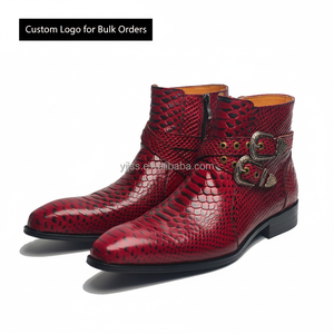 <span class=keywords><strong>Bottines</strong></span> Chelsea pour homme en cuir de luxe à motif <span class=keywords><strong>python</strong></span> rouge, avec double boucle décorative et fermeture éclair latérale, Botas Para Hombre - Product Image 1