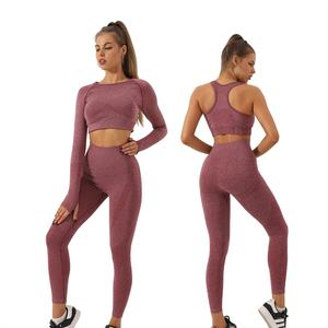 Femmes européennes américaines Jacquard Fitness Yoga Wear à manches longues <span class=keywords><strong>ensemble</strong></span> haut pantalon sans couture soutien-gorge à pois respirant taille légère - Product Image 5