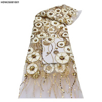 Tissu en dentelle de tulle brodé floral de luxe avec perles, tissu en dentelle de maille à sequins or rose nigérian pour robe de mariée