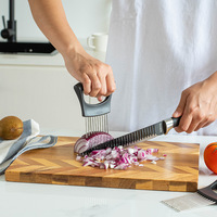 2 stuks handmatige roestvrijstalen uienvork, steak- en aardappelmes, fruit- en groentesnijder met plastic houder voor koken