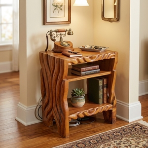Une table d'appoint de style tronc d'arbre avec une étagère de rangement ouverte, alliant le charme rustique naturel à une élégance fonctionnelle. - Product Image 4