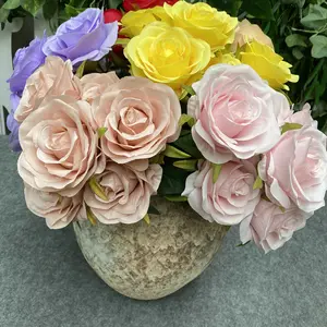 Buquê de rosas de sete cabeças de alta qualidade, flor artificial, flor de seda, rosa para buquê de casamento