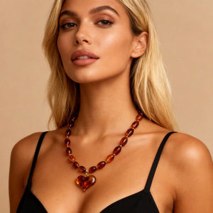 Colliers ras du cou tendance en acier inoxydable plaqué or 18 carats, bijoux simples avec perles acryliques et <span class=keywords><strong>grand</strong></span> pendentif cœur orange - Product Image 3