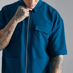 Tengcai clothing Custom 100% cotton zip up work shirt double pocket zipper shirt for mens zip up collar shirt