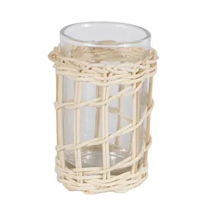 Crystal Cup Rattan Cup Holder Glasses Mug with Weave Holder with Natural Glass Cups & Saucers Drink Water 100 Pcs Round
