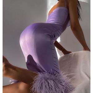 High Quality Elegant slip Lavender <strong>Dresses</strong> With Feathers Evening Party 2022 <strong>Wrap</strong> <strong>Silk</strong> Sexy <strong>Dresses</strong> Women - Product Image 6
