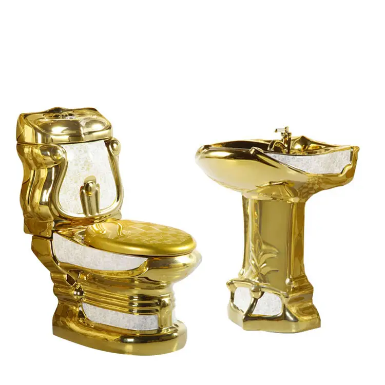 लक्जरी विंटेज चीनी मिट्टी wc washdown दो टुकड़ा शौचालय का कटोरा रंग बाथरूम सिंक सोने टॉयलेट सीट गोल्डन शौचालय सेट
