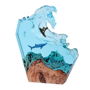 Ocean Whale Surfing Desktop Decoration Creative Art Lamp Holder Natural Wood Resin Small Night Lamp Birthday Gift