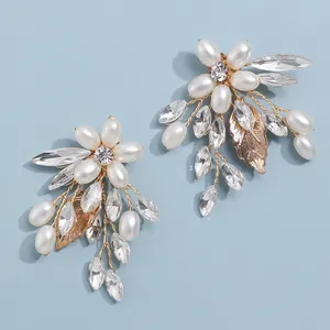 Women Bride Pearl Wedding Earring Handmade Crystal Earrings Flower Bridal Earrings